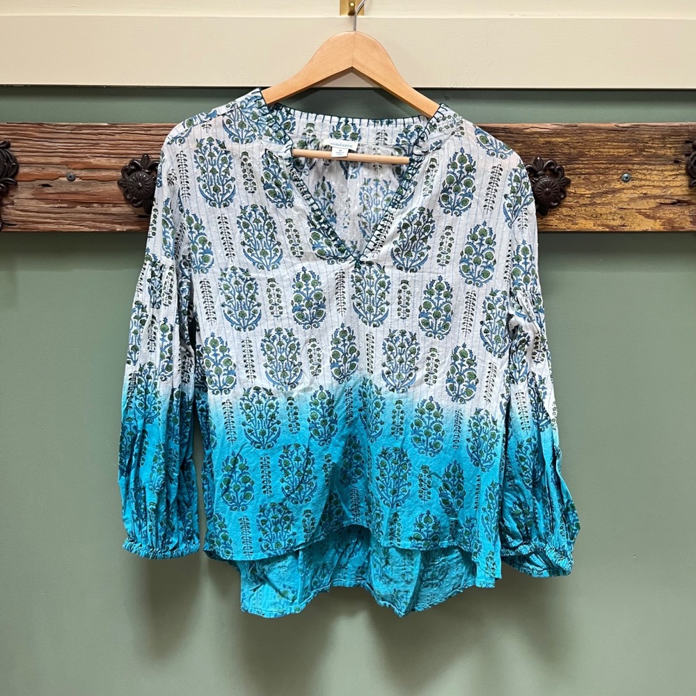 Sundance Women Teal Blue Ombre Floral Block Print‎ Cotton Boho Blouse Medium